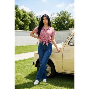 Lucky Brand Pink Floral Short Sleeve Front Tie Button Up Size Large